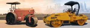 Historical Japanese Sakai three wheel road roller next to modern Sakai SW994 vibratory asphalt roller.