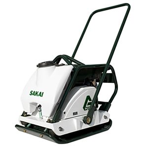 Old color PC800 vibratory plate compactor with removable water tank.