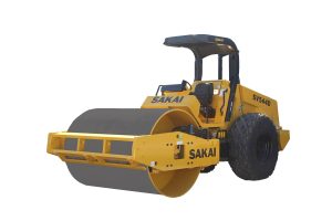 A 12 ton class Sakai SV544D soil compactor machine or soil roller with 84" smooth drum and turf tires.