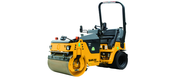 Sakai TW354 combination asphalt roller or combi roller with vibratory steel drum in the front and static tires in the rear.