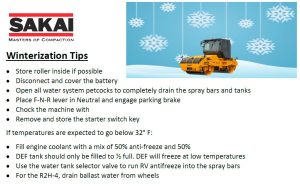 Quick reference slide discussing tips for winterizing a Sakai asphalt compactor.