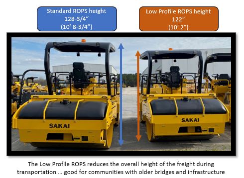 Height difference between standard and low profile ROPS on SAKAI asphalt rollers.