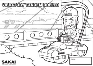 Free kids coloring page with a SAKAI asphalt roller on a bridge.