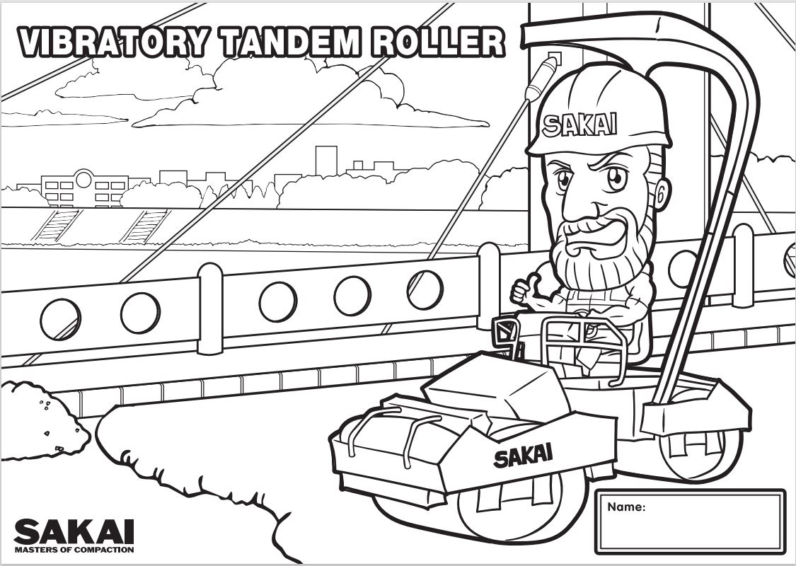 Free kids coloring page with a SAKAI asphalt roller on a bridge.