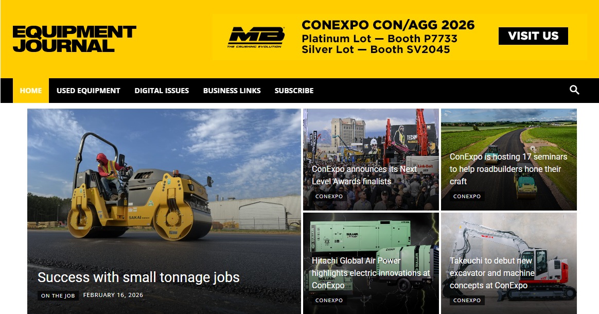 Home page screen capture from Equipment Journal Canada showing featured SAKAI article on Small Tonnage Paving Jobs.