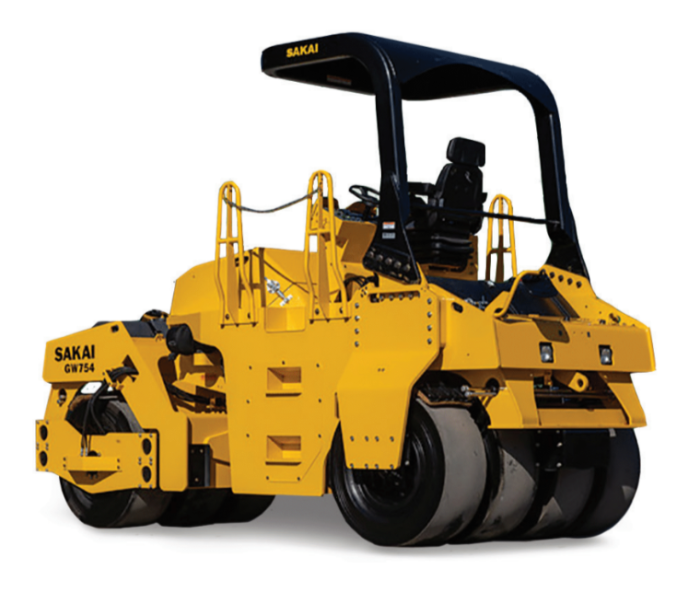 Rear view of the GW754 vibratory tired asphalt roller showing the rear super flat pneumatic tires.