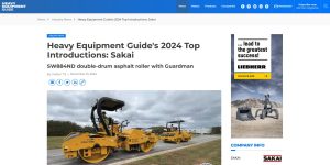 Screenshot of an article on Heavy Equipment Guide Canada website showing the Top product introduction feature for the SW884 with Guardman safety technology.
