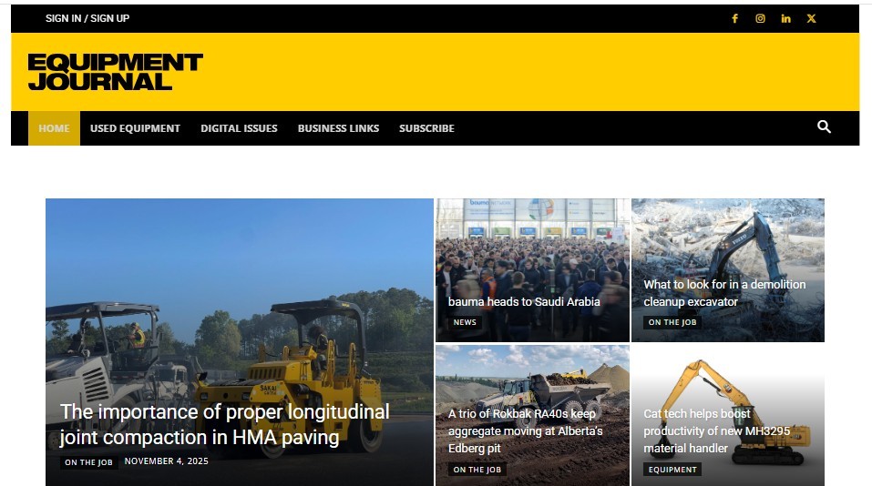 Equipment Journal Canada home page screenshot showing SAKAI Longitudinal Joint article as featured article on Nov 4 2025.