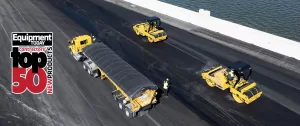 Aerial drone view of two SAKAI 79 inch SW884 highway class asphalt rollers compacting fresh asphalt on the Howard Frankland Bridge in Tampa, Florida.