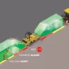 3D render and diagram of paving jobsite with SAKAI SW884 and SW994 highway class asphalt rollers showing how the equipped Guardman tech detects, alerts, and automatically brakes for workers, pavers, and other obstacles.