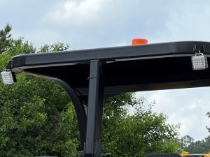 Rear view of the optional ROPS mounted LED work lights for the SAKAI R2H-4 three wheel asphalt compactor.