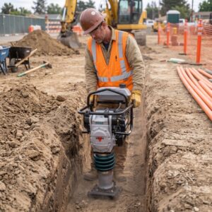 An american construction worker uses a SAKAI RS65 rammer or jumping jack in a utility trench on a jobsite.