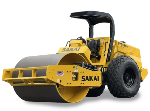 Studio cutout photo of a new SV544D-1 smooth drum vibratory single drum soil compactor with shadow underneath.