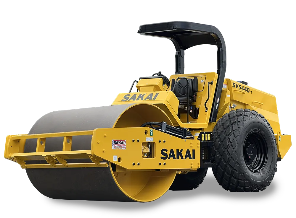 Studio cutout photo of a new SV544D-1 smooth drum vibratory single drum soil compactor with shadow underneath.
