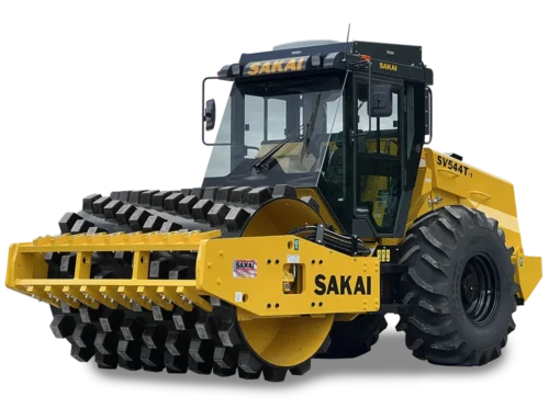 Studio cutout photo of a new SV544T-1 padfoot or sheeps foot vibratory single drum soil compactor with optional enclosed cab equipped.