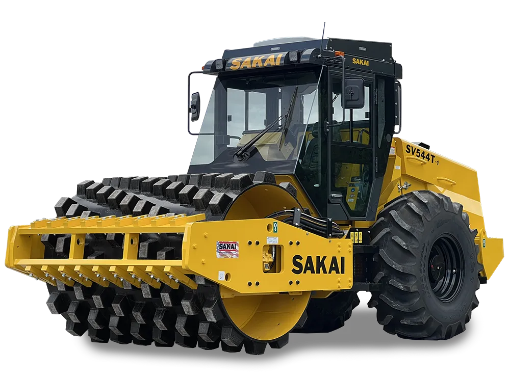 Studio cutout photo of a new SV544T-1 padfoot or sheeps foot vibratory single drum soil compactor with optional enclosed cab equipped.