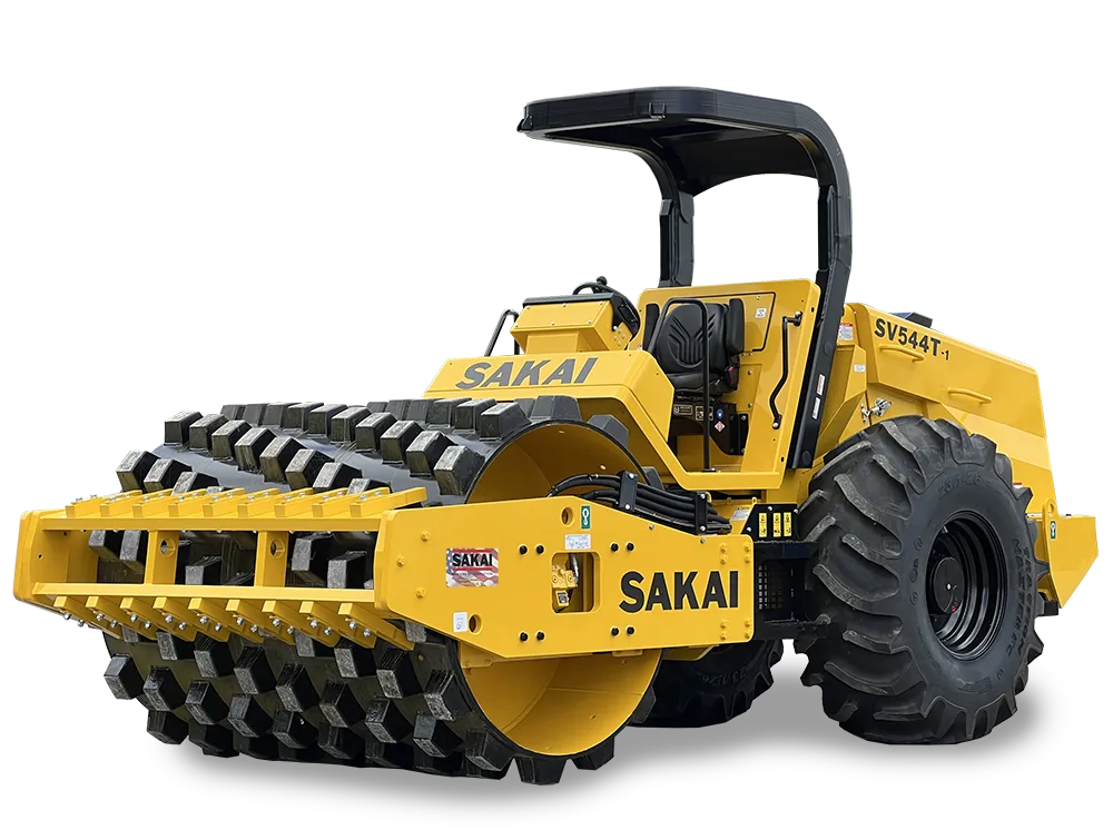 Studio cutout photo of a new SV544T-1 padfoot or sheeps foot vibratory single drum soil compactor with shadow underneath.