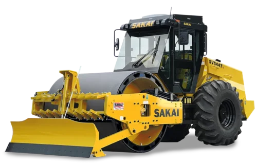 Studio cutout photo of a new fully loaded SV544TB-1 padfoot or sheeps foot vibratory single drum soil compactor with factory installed smooth shell kit, hydraulic strike off blade, and optional enclosed cab.