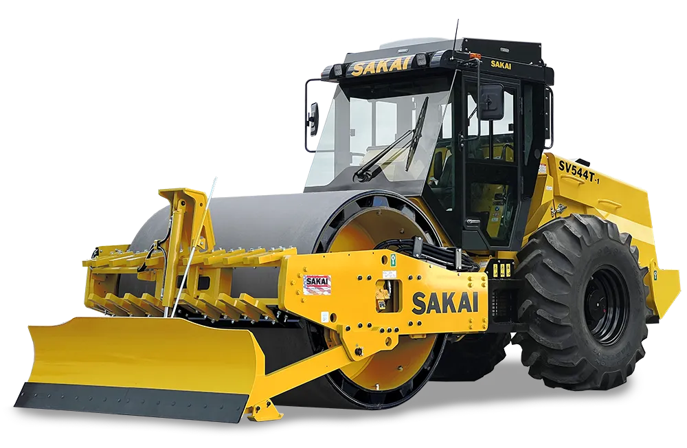 Studio cutout photo of a new fully loaded SV544TB-1 padfoot or sheeps foot vibratory single drum soil compactor with factory installed smooth shell kit, hydraulic strike off blade, and optional enclosed cab.