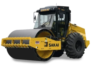 Studio cutout photo of a new SV544TF-1 padfoot or sheeps foot vibratory single drum soil compactor with factory installed smooth shell kit and optional enclosed cab.