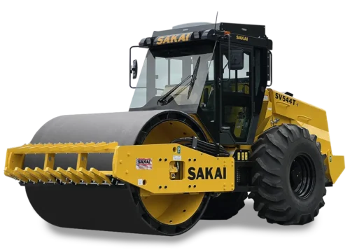 Studio cutout photo of a new SV544TF-1 padfoot or sheeps foot vibratory single drum soil compactor with factory installed smooth shell kit and optional enclosed cab.