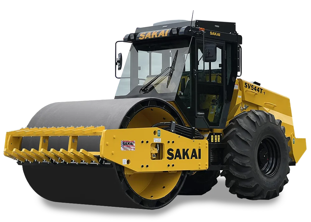 Studio cutout photo of a new SV544TF-1 padfoot or sheeps foot vibratory single drum soil compactor with factory installed smooth shell kit and optional enclosed cab.
