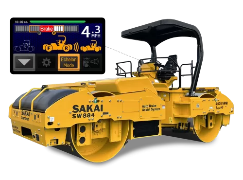 SAKAI 79 inch 14 ton SW884 tandem high frequency highway asphalt roller with inset image of Guardman emergency braking control panel screen showing new Echelon Mode.
