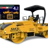 SAKAI SW884ND double drum oscillating asphalt roller with inset image of Guardman emergency braking control panel screen showing new Echelon Mode.