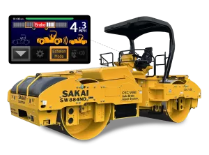 SAKAI SW884ND double drum oscillating asphalt roller with inset image of Guardman emergency braking control panel screen showing new Echelon Mode.