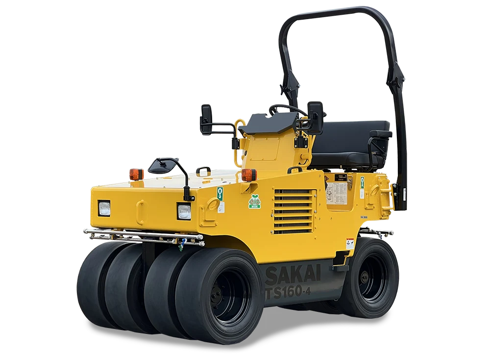 Front view of the 3-ton class SAKAI TS160-4 pneumatic tire asphalt roller.