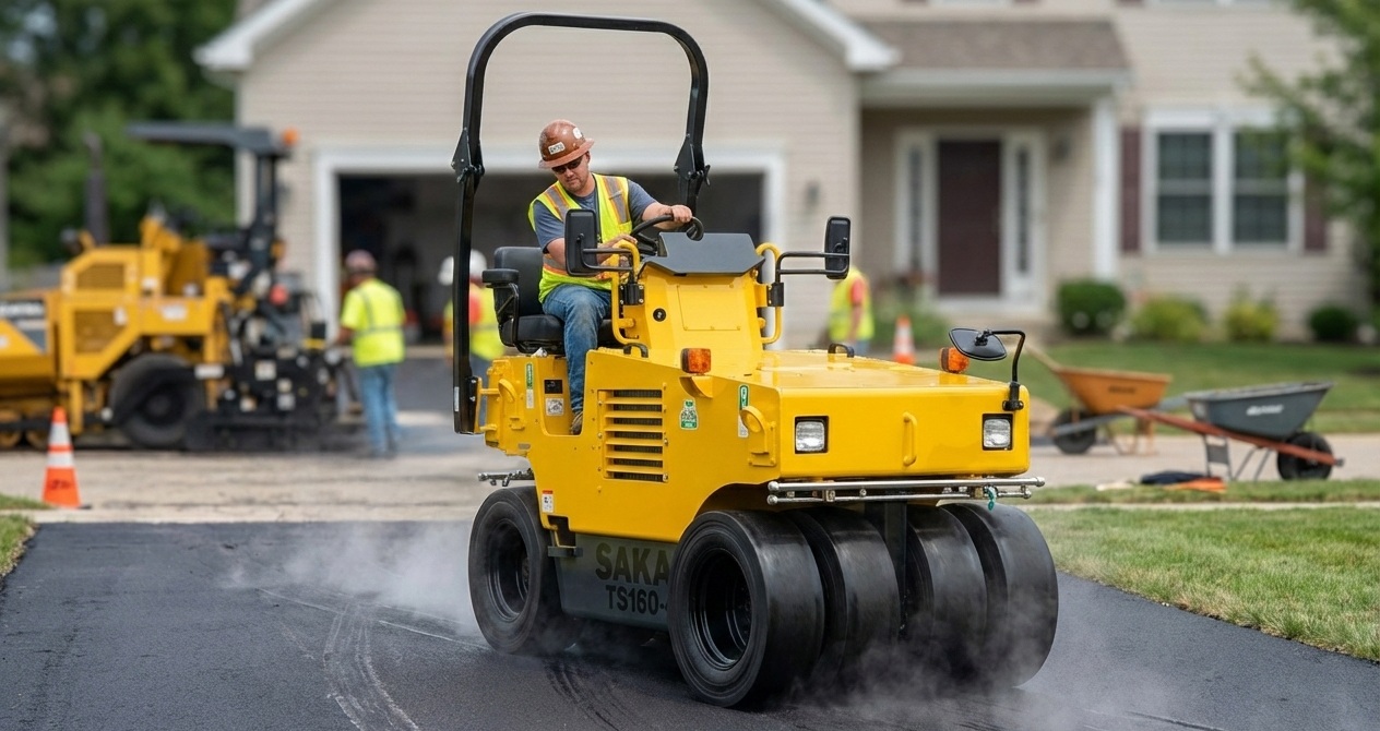 A typical American or Canadian asphalt worker operates a SAKAI TS160-4 pneumatic tire roller on a residential neighborhood driveway paving job with water and steam seen.