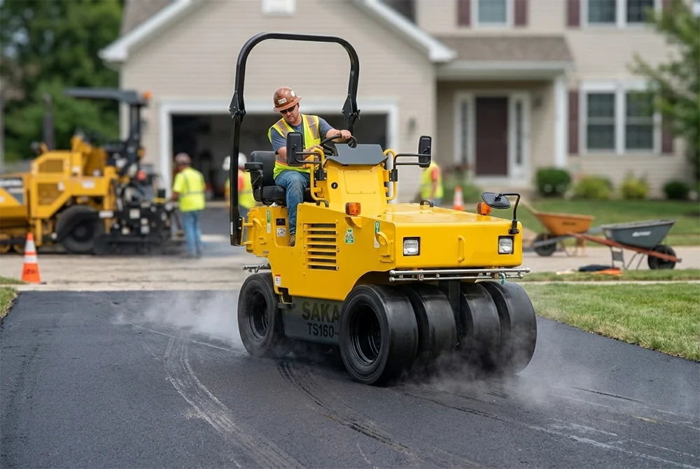 A SAKAI TS160-4 static pneumatic tire roller operated by a paving operator compacts an asphalt driveway in a residential neighborhood.