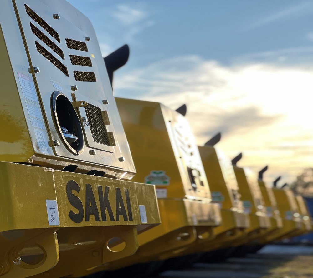 Line of SAKAI soil compactors newly built at our Adairsville Georgia manufacturing plant during the record fiscal year 2022 to 2023.