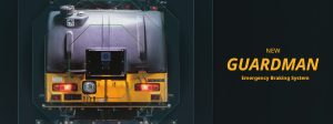 Sakai Guardman emergency braking system with rear object proximity & personnel detection for asphalt rollers.