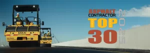Two SAKAI SW884 oscillating double drum asphalt rollers roll in echelon pattern with Asphalt Contractor Top 30 Products award logo.