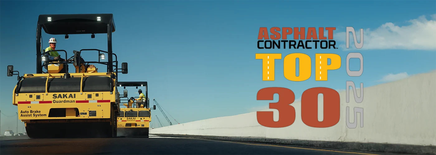 Two SAKAI SW884 oscillating double drum asphalt rollers roll in echelon pattern with Asphalt Contractor Top 30 Products award logo.