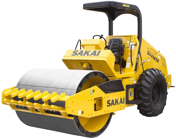 Sakai SV414TF soil roller or dirt compactor with a single vibratory padfoot drum & optional smooth shell kit.