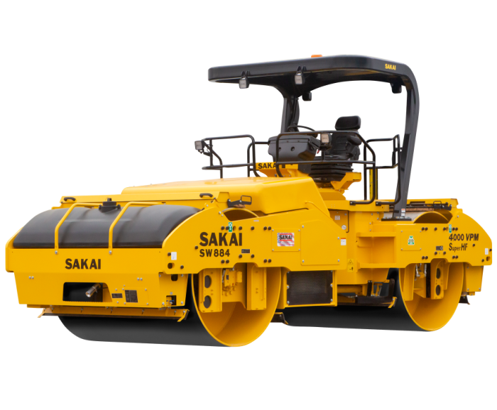 Sakai SW884 14 ton highway class tandem asphalt roller with 79" vibratory drums super high frequency model producing 4,000 VPM.