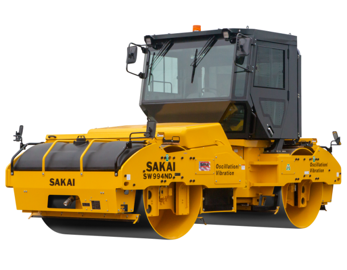 Sakai SW994ND highway class 84" vibratory and oscillatory tandem asphalt roller with enclosed cab and mirror kit.