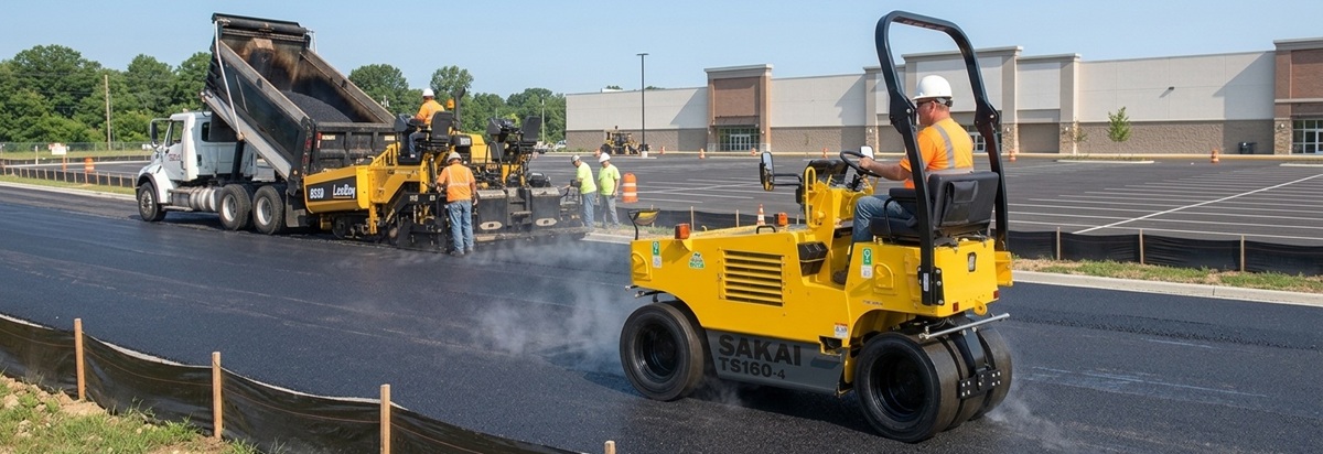 A SAKAI TS160-4 pneumatic tire roller rolls fresh asphalt on a commercial parking lot job at a retail shopping center.