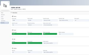 Screenshot from Track Unit telematics portal showing basic data such as battery voltage, battery level, satellite status, serial number and other information.
