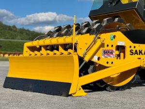 Sakai SV414 soil compactor with padfoot or sheepsfoot drum and optional leveling blade.