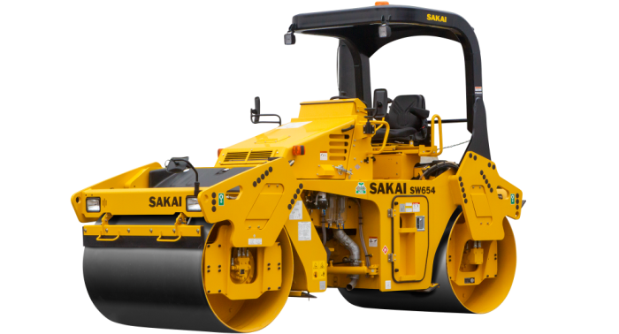 A yellow Sakai SW654 double drum asphalt roller with 58 inch drums and 8 tons weight.