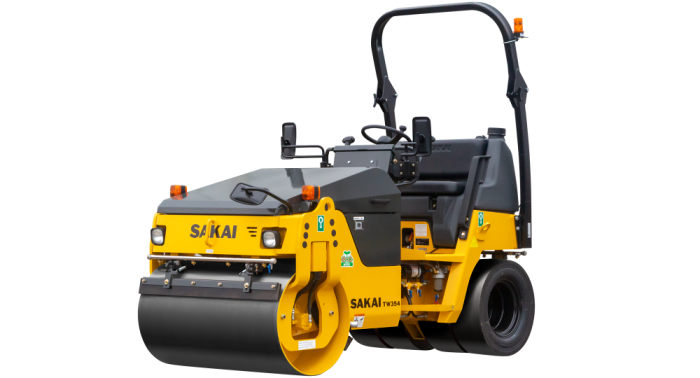 A yellow Sakai TW354 combination or combi 3 ton asphalt roller or compactor with steel drum in the front and tires in the rear.