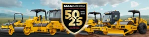 SAKAI family of 3 ton to 15 ton asphalt rollers and 5 ton to 12 ton soil compactors over a wide open landscape with a road that is split down the middle with half fresh pavement and the other half compacted dirt. Overlayed with 50th and 25th anniversary logo.