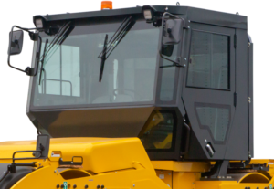 Front view of the optional air conditioned operator cab on the SW994 asphalt roller.