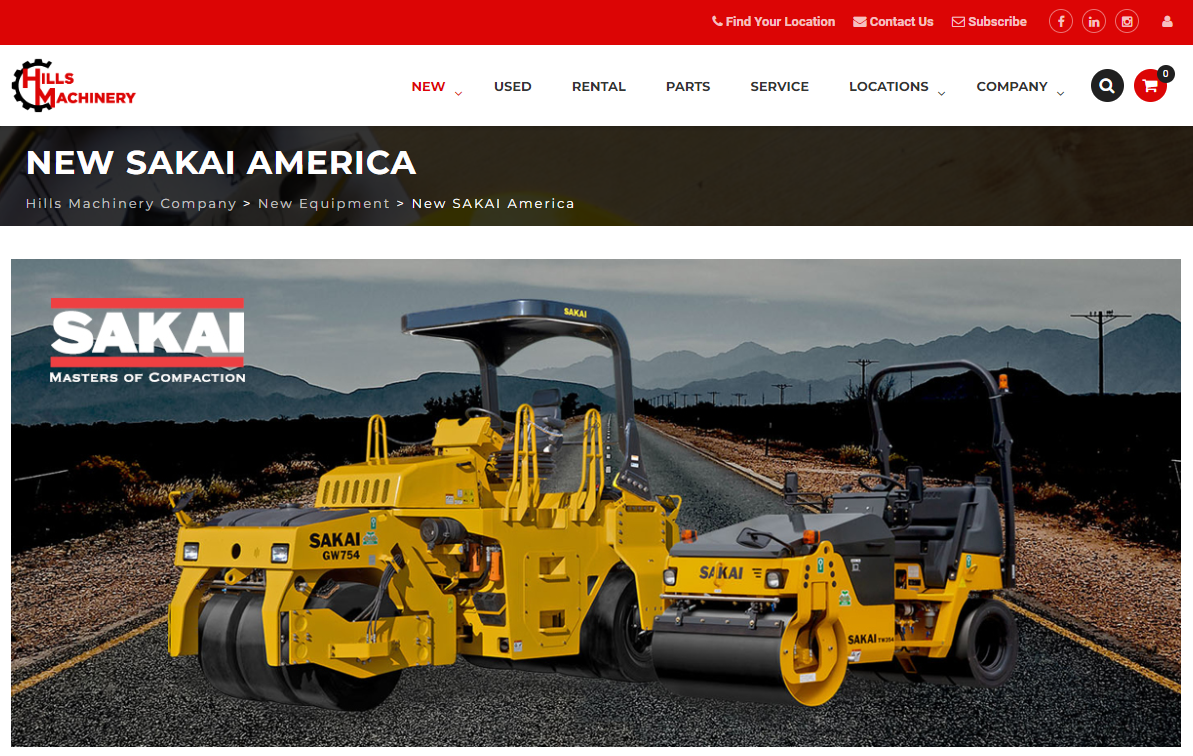 Screenshot of the Sakai brand page on the website of our dealer Hills Machinery.