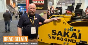Still photo of an interview of Brad Belvin at SAKAI America by Equipment World magazine at World of Asphalt 2024.