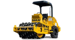 A SAKAI SV204T 5 ton vibratory padfoot soil compactor or dirt roller for residential site work or trench and utility work.