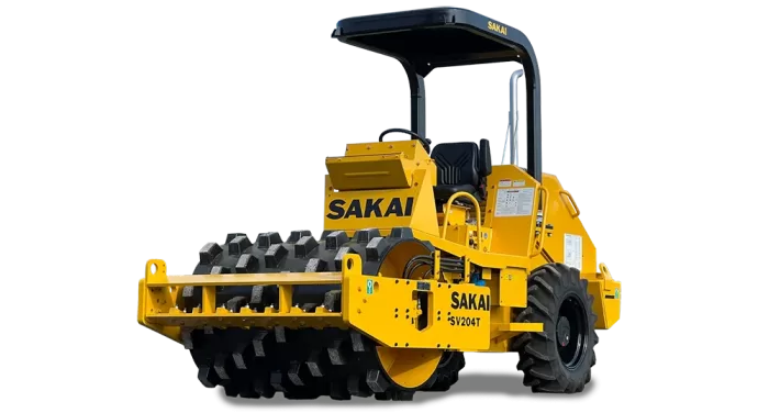 A SAKAI SV204T 5 ton vibratory padfoot soil compactor or dirt roller for residential site work or trench and utility work.